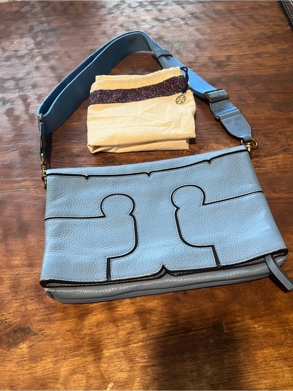 Tory Burch Sky Blue Leather Crossbody with Contrast Trim